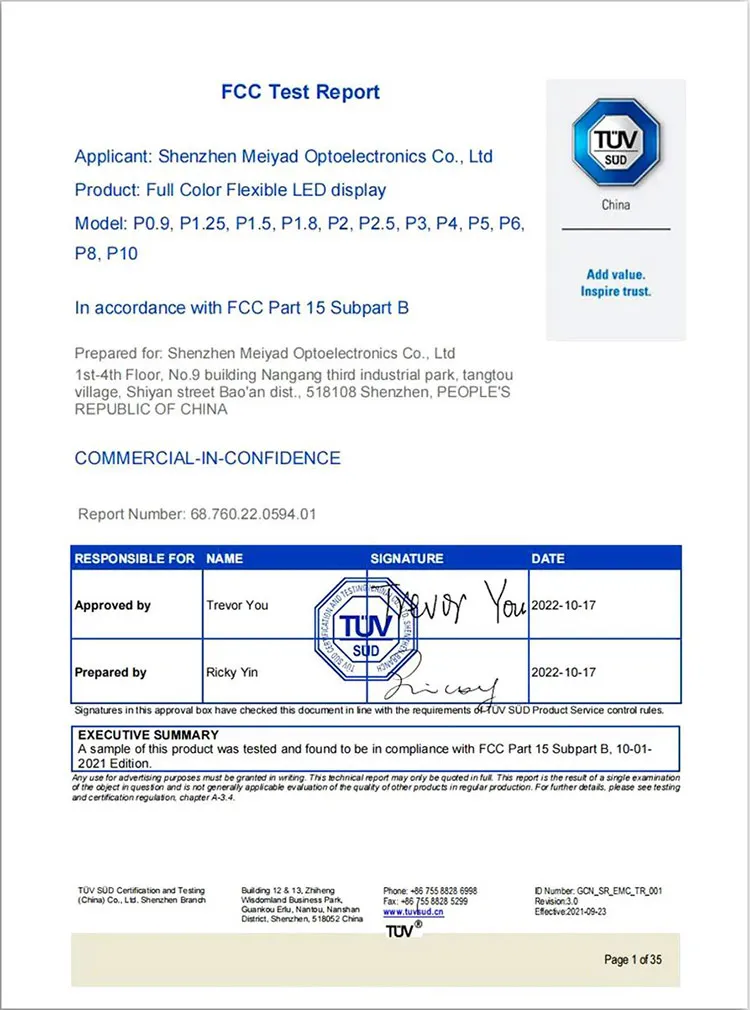 Meiyad flexible LED screen FCC Certification