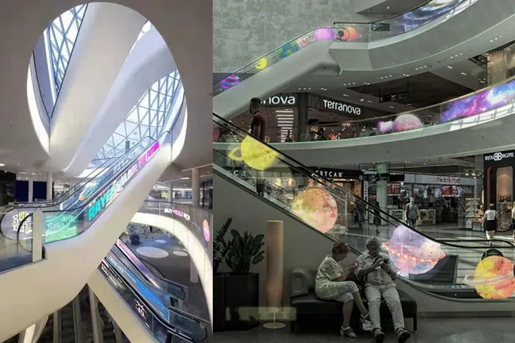 Application of transparent flex led screen - escalator glass guardrail