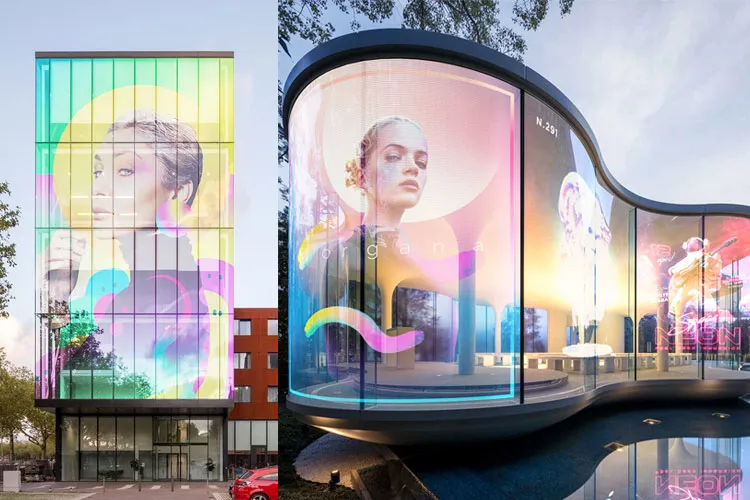 Application of transparent flex led screen - glass facade